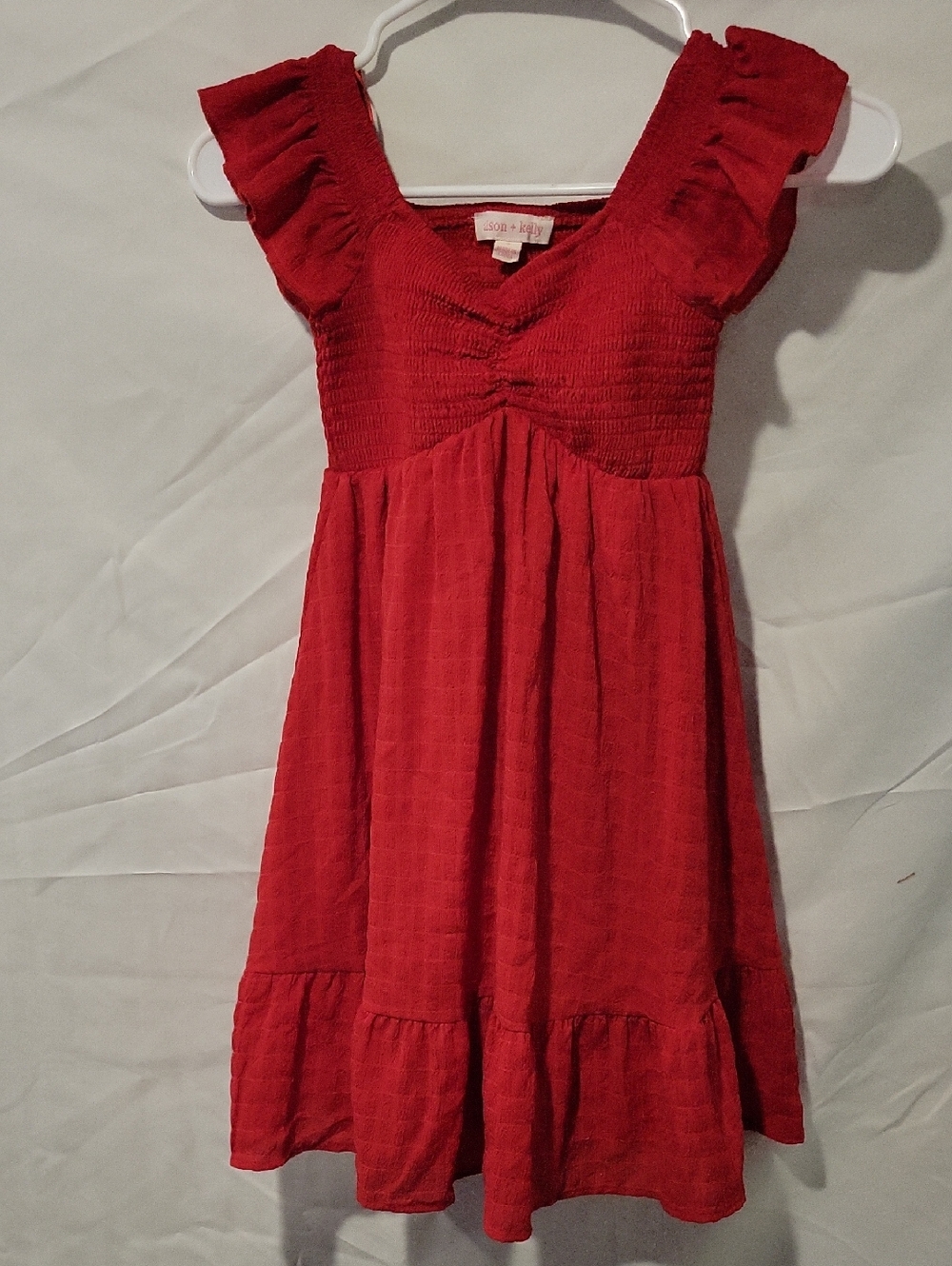 Girls' Red Smocked Ruffle Sleeve Casual Dress